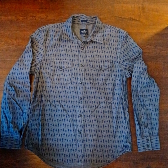 American Eagle Slim Fit Western Denin Snap Front Long Sleeve Shirt - Picture 2 of 11